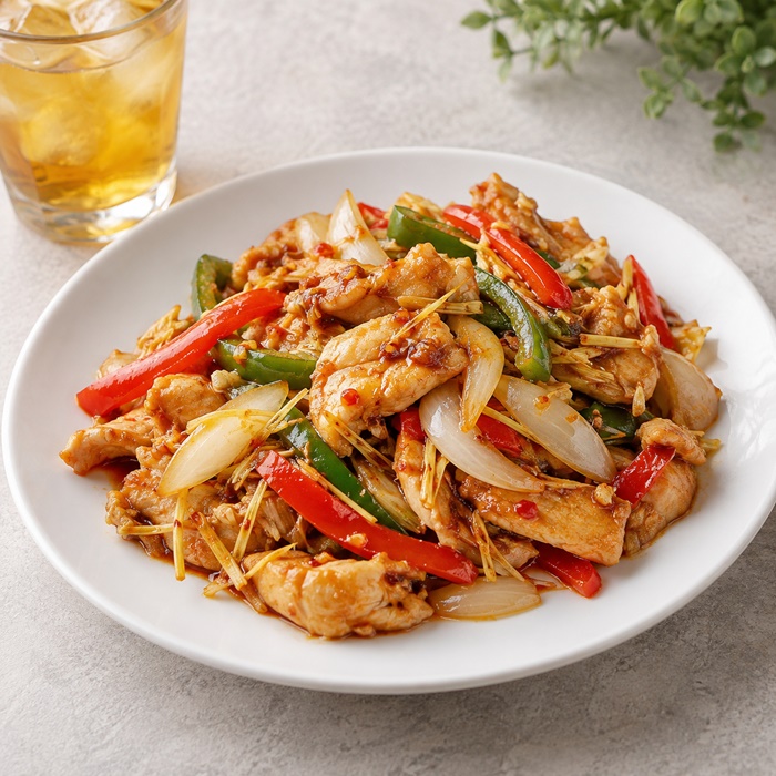 Vietnamese lemongrass chicken sautéed with peppers, onions and chili